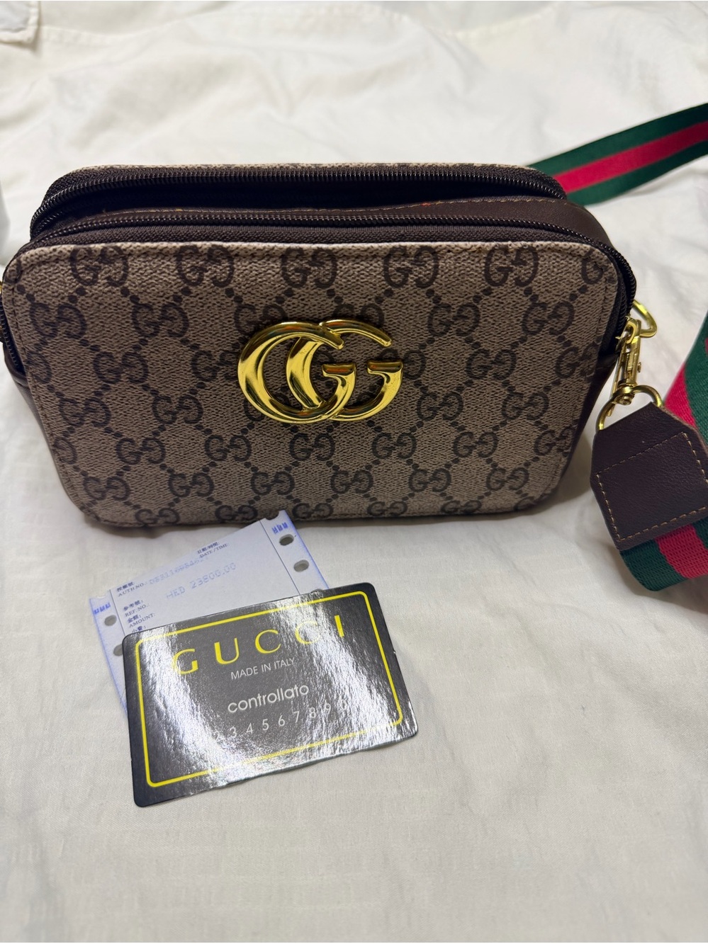 Brown Monogram Crossbody with Green-Red Web Strap